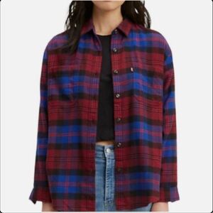 Levi's Women’s Plaid Utility Button Up Long Sleeve Shirt, Red & Blue, Sz XXL